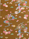 Butterflies at the Stream Bingata, Ochre Brown Vintage Kimono Silk Chirimen from Japan By The Yard #555