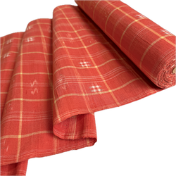 Orange Plaid Ikat Vintage Textured Kimono Silk from Japan By the Yard  #411