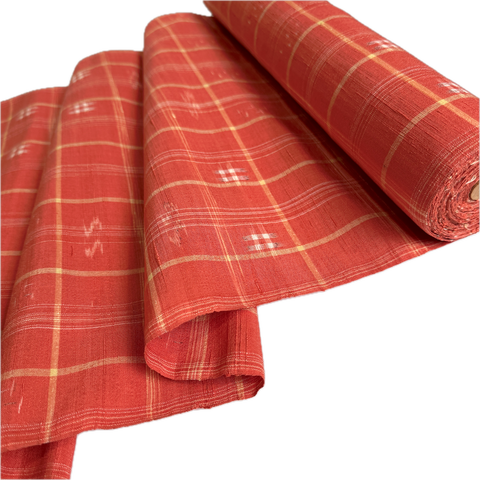 Orange Plaid Ikat Vintage Textured Kimono Silk from Japan By the Yard  #411