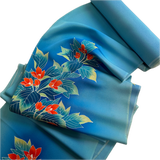 Rich Blues, Hand Painted Buds/Leaves Full 13+-Yard BOLT, Blended Bokashi Chirimen Crepe Vintage Tsukesage Kimono Silk from Japan  #562