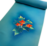 Rich Blues, Hand Painted Buds/Leaves Full 13+-Yard BOLT, Blended Bokashi Chirimen Crepe Vintage Tsukesage Kimono Silk from Japan  #562