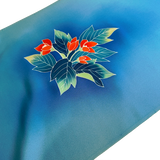 Rich Blues, Hand Painted Buds/Leaves Full 13+-Yard BOLT, Blended Bokashi Chirimen Crepe Vintage Tsukesage Kimono Silk from Japan  #562