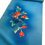 Rich Blues, Hand Painted Buds/Leaves Full 13+-Yard BOLT, Blended Bokashi Chirimen Crepe Vintage Tsukesage Kimono Silk from Japan  #562