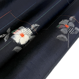 Quietly Cosmic Camellias on Dark Indigo, Vintage Kimono Silk Ikat from Japan By the Yard  #565