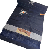 Quietly Cosmic Camellias on Dark Indigo, Vintage Kimono Silk Ikat from Japan By the Yard  #565