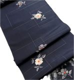 Quietly Cosmic Camellias on Dark Indigo, Vintage Kimono Silk Ikat from Japan By the Yard  #565