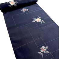 Quietly Cosmic Camellias on Dark Indigo, Vintage Kimono Silk Ikat from Japan By the Yard  #565