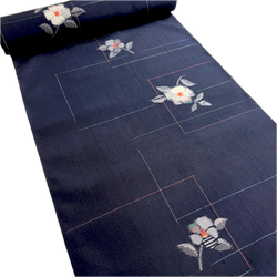 Quietly Cosmic Camellias on Dark Indigo, Vintage Kimono Silk Ikat from Japan By the Yard  #565