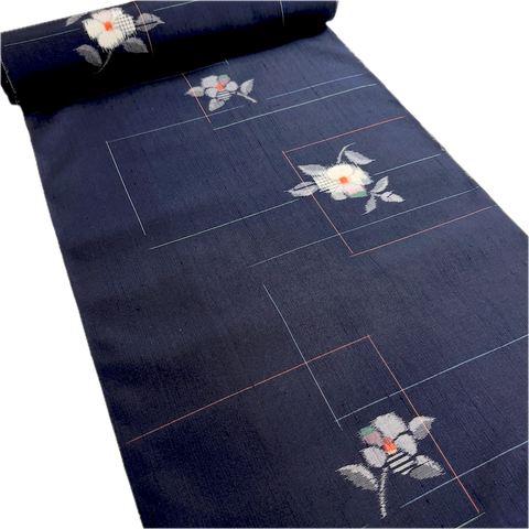 Quietly Cosmic Camellias on Dark Indigo, Vintage Kimono Silk Ikat from Japan By the Yard  #565