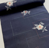 Quietly Cosmic Camellias on Dark Indigo, Vintage Kimono Silk Ikat from Japan By the Yard  #565
