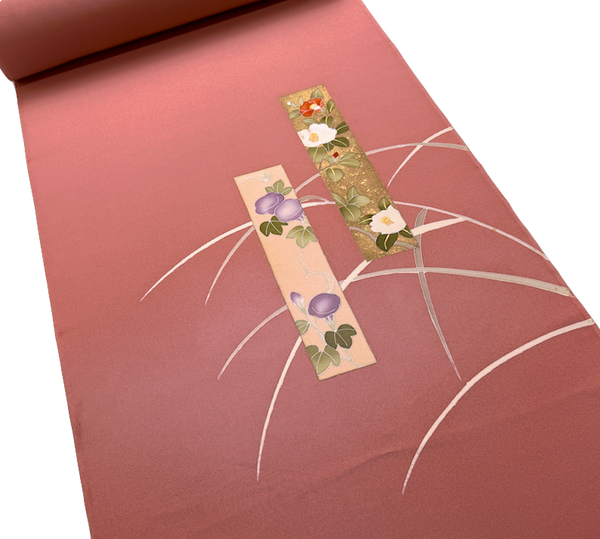 Dusty Rose Flower Portraits, Full 12.5 Yard BOLT, Tango Chirimen Vintage Tsukesage Kimono Silk from Japan  #566