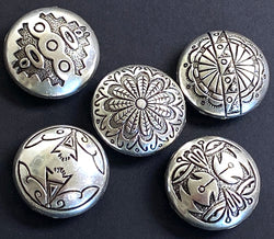 Set of 5, Vintage Sterling Silver Button Covers, Each One Different, 7/8" Mexico?  #MV-52