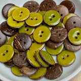 Chartreuse/Golden Olive Coconut Mix, Shiny 11/16" Rustic Round 2-Hole Button, Pack of FIVE   #SWC-118-5