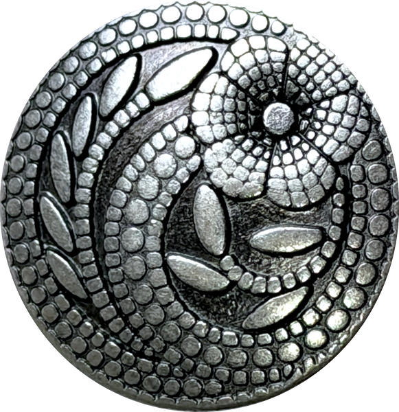 Re-Stocked, Silver Flower Swirl Dots 15/16" Shank-Back Metal Button  #SWC-24