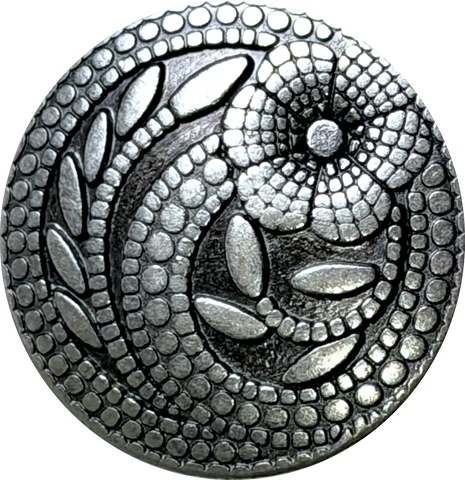 Re-Stocked, Silver Flower Swirl Dots 15/16" Shank-Back Metal Button  #SWC-24