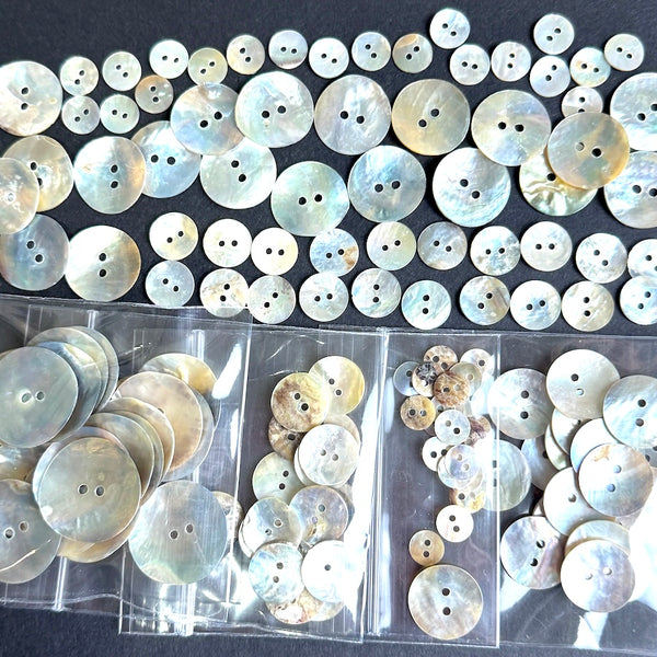 BULK MOONRISE SHELL DEAL 140 Buttons, 20 Per Size, 7 Sizes, 3/8"-1", Natural Mother of Pearl, Thin, Glowing  # LP-134
