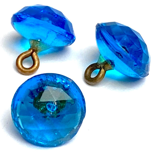 OUTLET ITEM, pack of THREE Tahoe Blue Vintage Faceted Glass Buttons, 3/8" # GL368