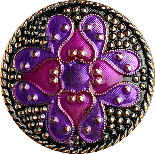 Purple/Purple/Black Sacred Flower Handpainted Czech Lacy Glass 1-1/4", Susan Clarke #SC-517