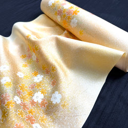 Golden Light Floral Bouquet Print, Vintage Lustrous Kimono Silk from Japan By the Yard   #849