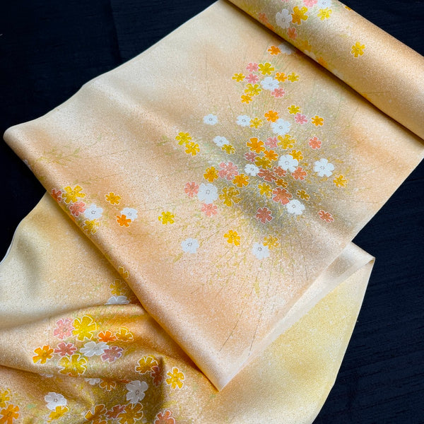 Golden Light Floral Bouquet Print, Vintage Lustrous Kimono Silk from Japan By the Yard   #849