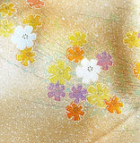 Golden Light Floral Bouquet Print, Vintage Lustrous Kimono Silk from Japan By the Yard   #849