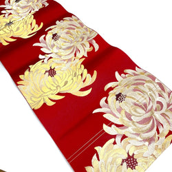 WHOLE BOLT OF OBI SILK, Gold Mums with Cranberry, Stiff Ornate Heavy Thick Silk from Japan, 5 Yards #533