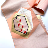 WHOLE BOLT OF OBI SILK, Silver Hexagons, Flowers with Peach, Stiff Ornate Heavy Thick Silk from Japan, 5 Yards #534