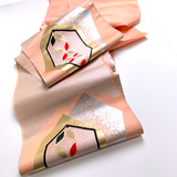 WHOLE BOLT OF OBI SILK, Silver Hexagons, Flowers with Peach, Stiff Ornate Heavy Thick Silk from Japan, 5 Yards #534