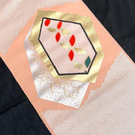 WHOLE BOLT OF OBI SILK, Silver Hexagons, Flowers with Peach, Stiff Ornate Heavy Thick Silk from Japan, 5 Yards #534