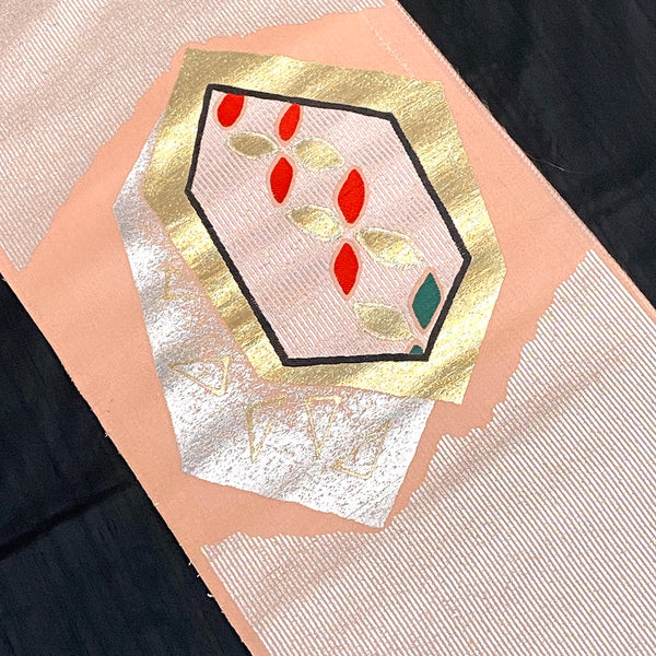 WHOLE BOLT OF OBI SILK, Silver Hexagons, Flowers with Peach, Stiff Ornate Heavy Thick Silk from Japan, 5 Yards #534