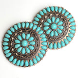 Re-Stocked, Extra Large, Forty-One Turquoise Flower Antique Copper Concho 3" Screw Back  #SWH-137