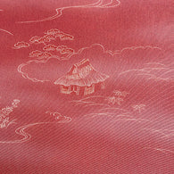 Dusty Red / Brick Red Landscape, Vintage Kimono Silk Crepe from Japan, Bokashi? By the Yard #536