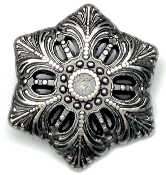 Snowflake Button, 7/8" Silver Metal Hexagon Shape, Shank Back, Tiny Cut-Outs  #SWC-49
