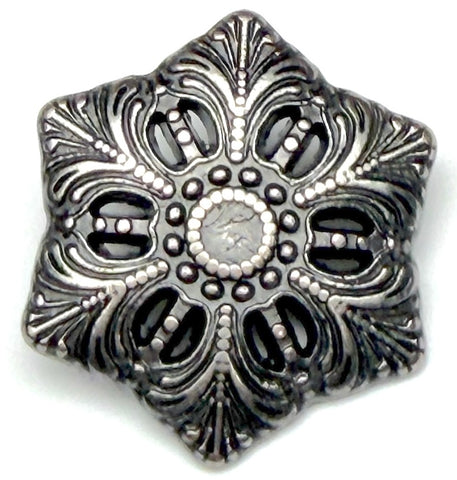 Snowflake Button, 7/8" Silver Metal Hexagon Shape, Shank Back, Tiny Cut-Outs  #SWC-49