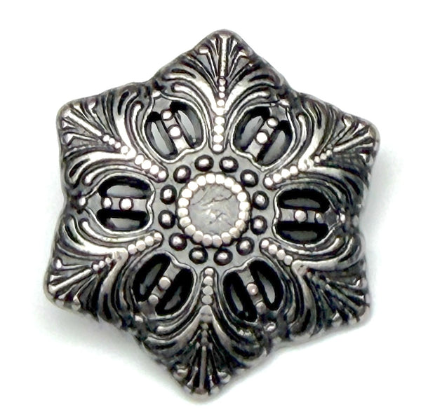 Snowflake Button, 7/8" Silver Metal Hexagon Shape, Shank Back, Tiny Cut-Outs  #SWC-49