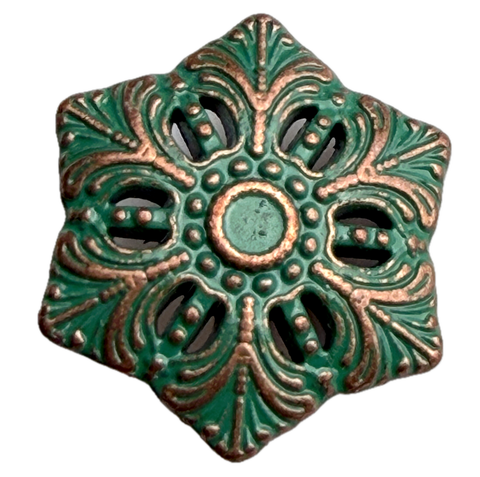 Snowflake Button Green, Hexagon Shape, Metal 13/16"  #SWC-50