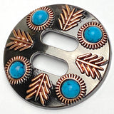 SALE, Four Feathers Four Stones Brown Slotted Concho with 'Turquoise' 1.5"  #SWH-147