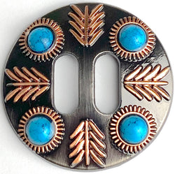 SALE, Four Feathers Four Stones Brown Slotted Concho with 'Turquoise' 1.5"  #SWH-147