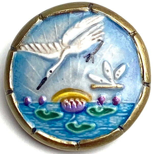 Running Low, Heron and Dragonfly, Art Stone Bird in Metal Rim Artisan Button by Susan Clarke, 1-1/4" #1085