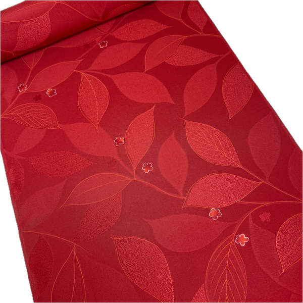 Red Jacquard Leaves with Cherry Blossoms, Lustrous Kimono Silk from Japan By the Yard   #329