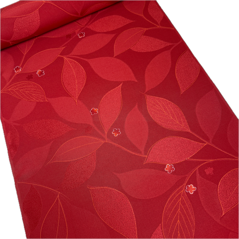 Red Jacquard Leaves with Cherry Blossoms, Lustrous Kimono Silk from Japan By the Yard   #329