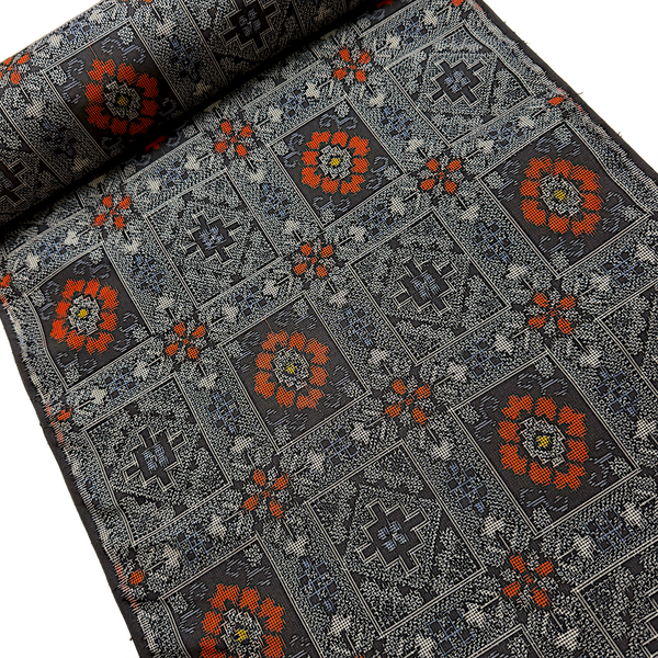 Black/Red/Grey Ikat Camellias Handwoven Vintage Murayama Oshima Tsumugi Silk from Japan By the Yard #330