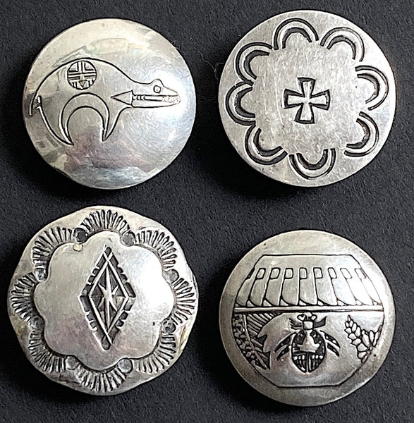 Set of 4 Button Covers: Vintage Sterling Silver Bear, Cross, Spider Pottery, Flower 3/4" #MV-61