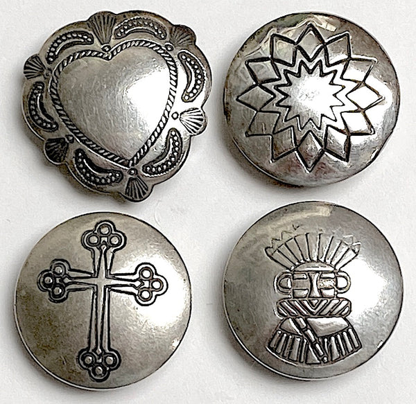 Set of 4 Button Covers: Vintage Sterling Silver Star, Cross, Heart, Kachina, 3/4"  #MV-63