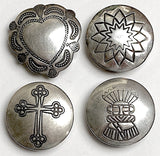 Set of 4 Button Covers: Vintage Sterling Silver Star, Cross, Heart, Kachina, 3/4"  #MV-63