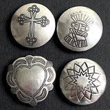 Set of 4 Button Covers: Vintage Sterling Silver Star, Cross, Heart, Kachina, 3/4"  #MV-63