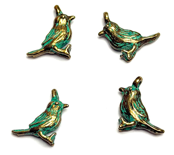 Twelve Tiny Green/Gold Bird Charms, Brass 1/2" / 13mm. Pack of 12   # L-4321-12