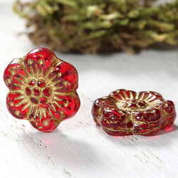 Red/Gold Czech Glass 1/2" Flower Beads, 13mm, EIGHT Beads  #L-411