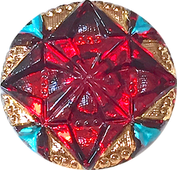 Re-Stocked, Ruby Quilt Block with Gold & Turquoise Czech Glass Button 18mm / 3/4"  # CZ-223