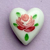 Pink Rose Hand Painted on White Vintage Glass Heart 9/16" Button from Susan Clarke  #SC-51